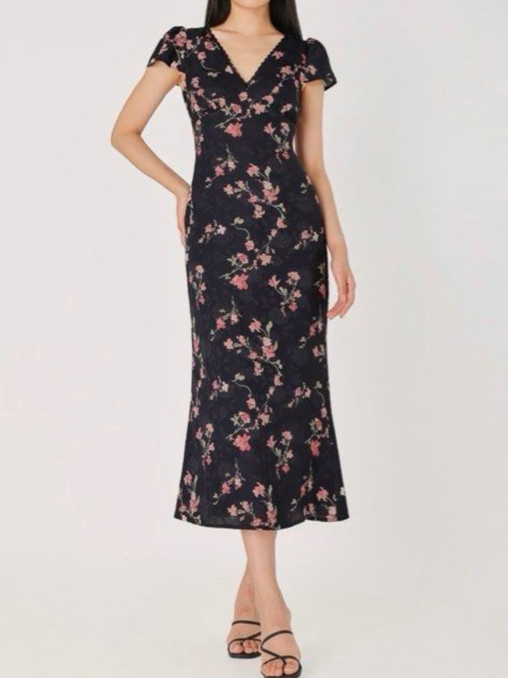 MICA FLORAL LACE TRIM SATIN CAP SLEEVE MAXI DRESS (MIDNIGHT BLUE)